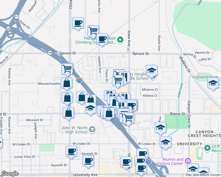map of restaurants, bars, coffee shops, grocery stores, and more near in Riverside