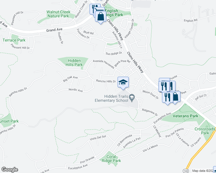 map of restaurants, bars, coffee shops, grocery stores, and more near 14697 Willow Creek Lane in Chino Hills