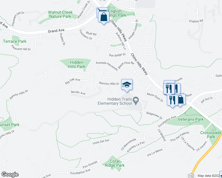 map of restaurants, bars, coffee shops, grocery stores, and more near 14697 Willow Creek Lane in Chino Hills