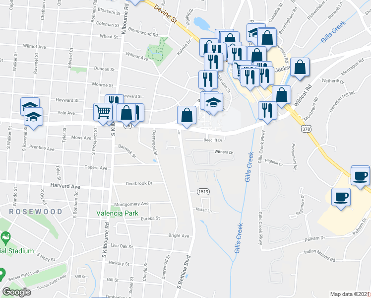 map of restaurants, bars, coffee shops, grocery stores, and more near 302 South Beltline Boulevard in Columbia