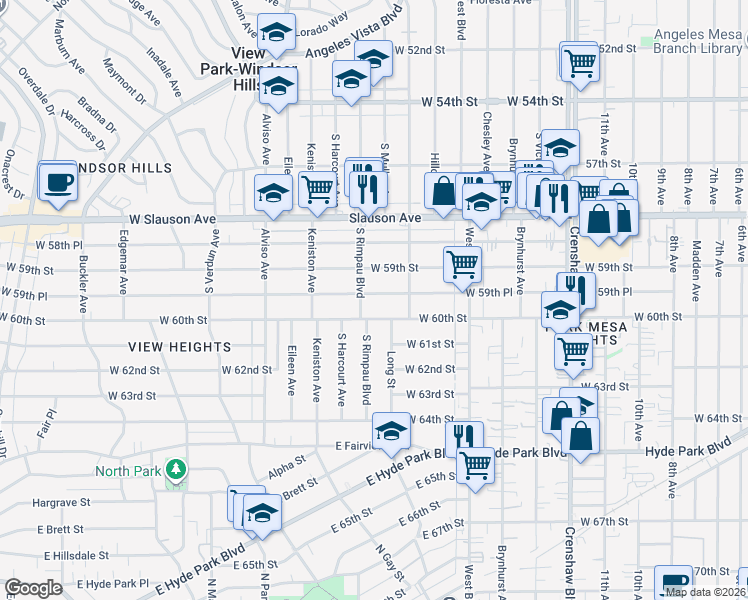 map of restaurants, bars, coffee shops, grocery stores, and more near 3751 West 60th Street in Los Angeles