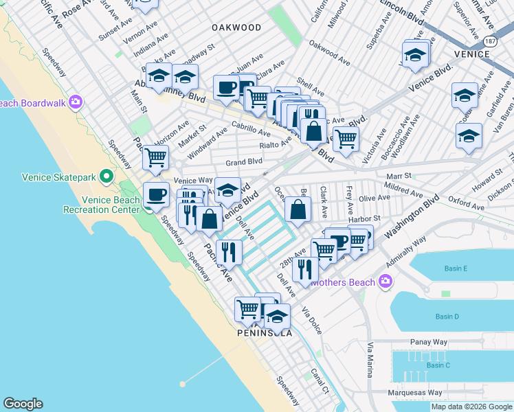 map of restaurants, bars, coffee shops, grocery stores, and more near 439 Carroll Canal in Los Angeles