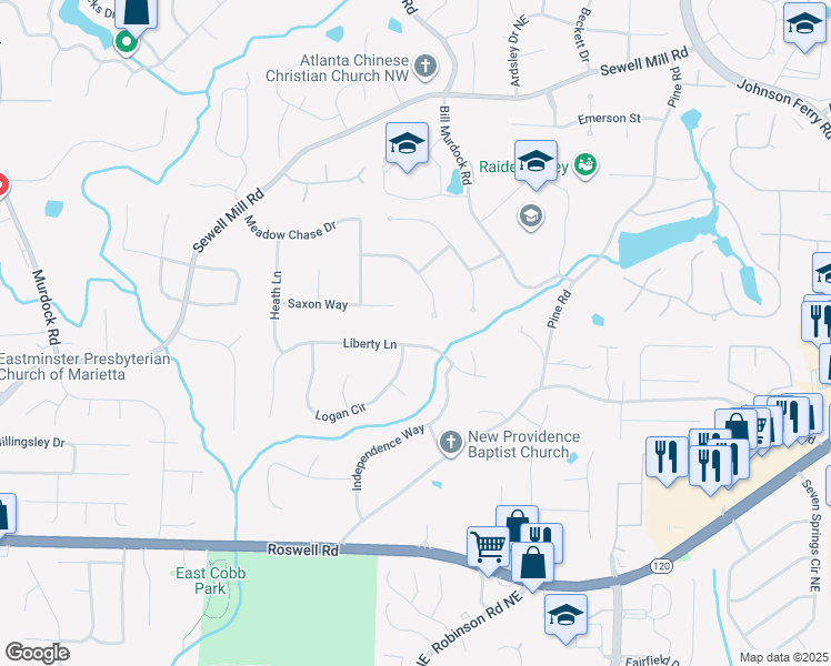 map of restaurants, bars, coffee shops, grocery stores, and more near 3626 Liberty Lane in Marietta
