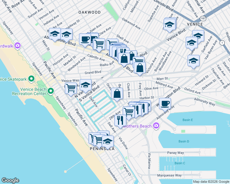 map of restaurants, bars, coffee shops, grocery stores, and more near 2354 Ocean Avenue in Los Angeles
