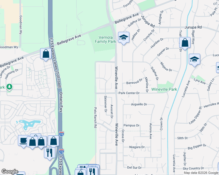 map of restaurants, bars, coffee shops, grocery stores, and more near 5517 Dowitcher Court in Jurupa Valley