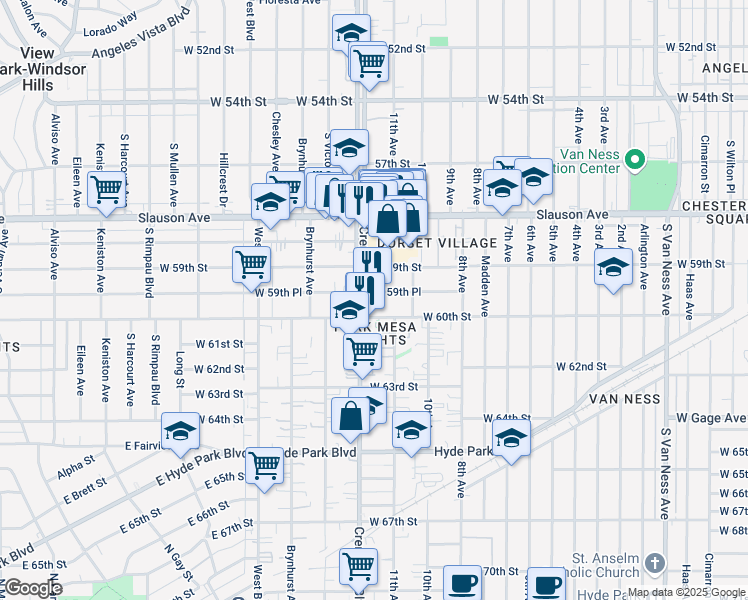 map of restaurants, bars, coffee shops, grocery stores, and more near 3331 West 60th Street in Los Angeles