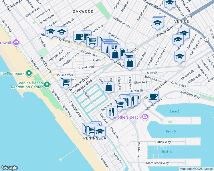 map of restaurants, bars, coffee shops, grocery stores, and more near 2354 Ocean Avenue in Los Angeles