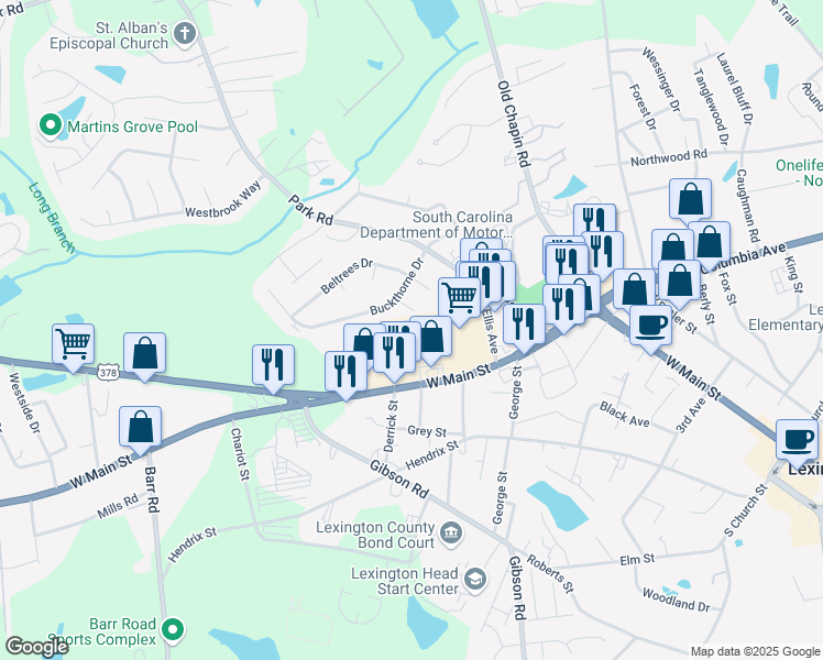 map of restaurants, bars, coffee shops, grocery stores, and more near 748 West Main Street in Lexington