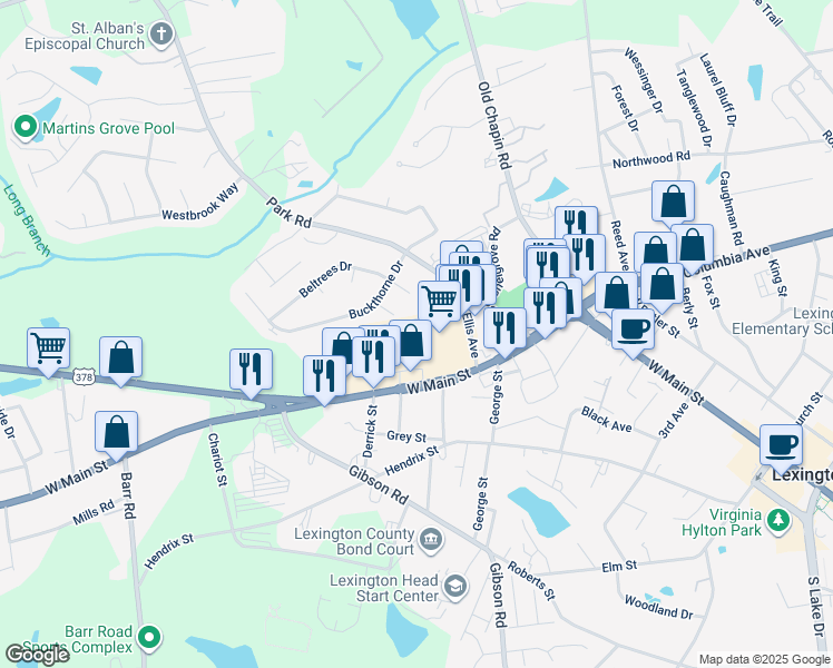 map of restaurants, bars, coffee shops, grocery stores, and more near 744 West Main Street in Lexington