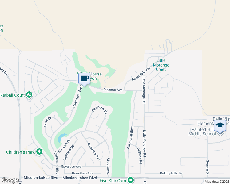 map of restaurants, bars, coffee shops, grocery stores, and more near 64771 Augusta Avenue in Desert Hot Springs