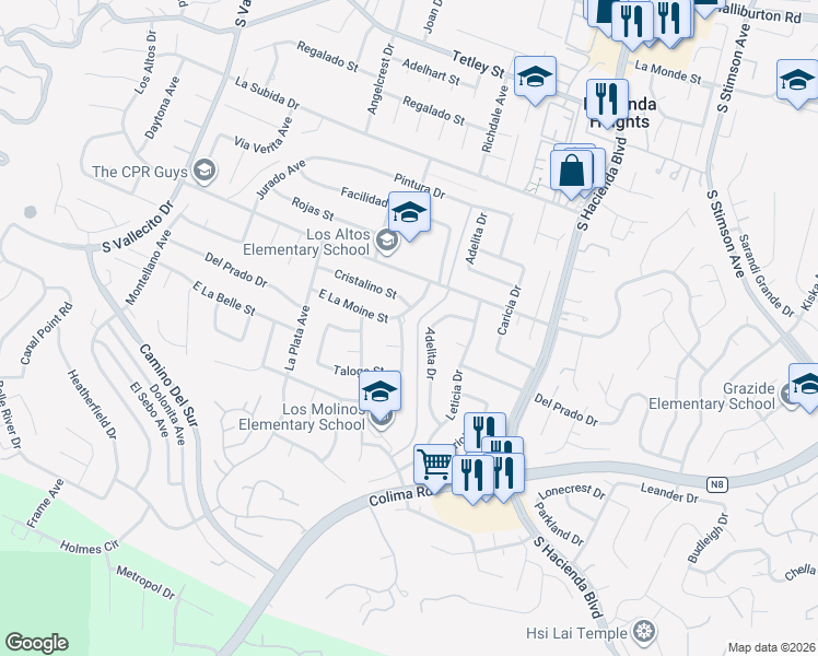map of restaurants, bars, coffee shops, grocery stores, and more near 2912 Fragancia Avenue in Hacienda Heights