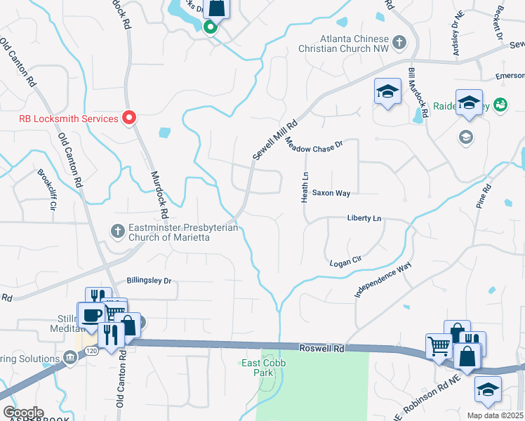 map of restaurants, bars, coffee shops, grocery stores, and more near 1434 Churchill Way in Marietta