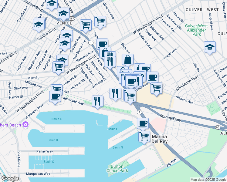 map of restaurants, bars, coffee shops, grocery stores, and more near 1046 Princeton Drive in Marina del Rey