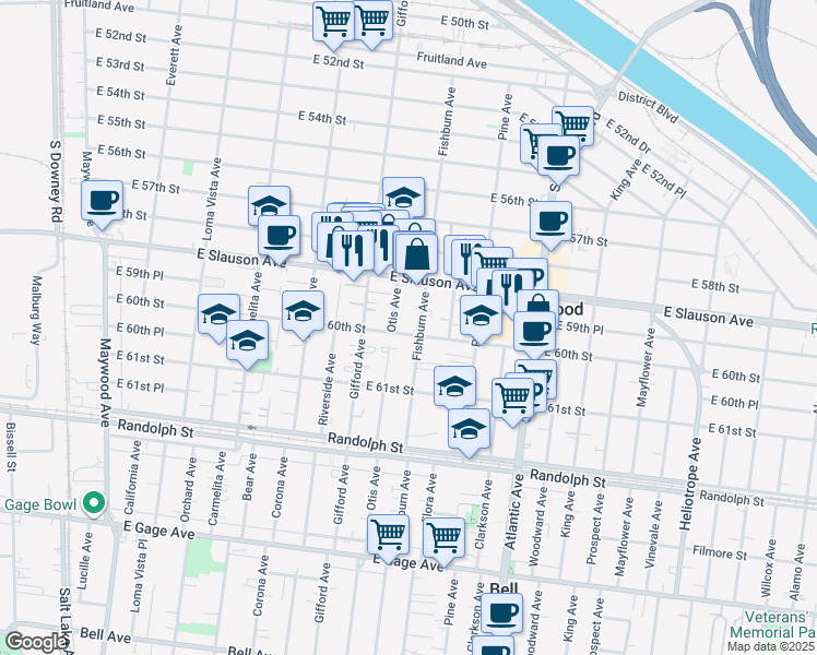 map of restaurants, bars, coffee shops, grocery stores, and more near 4214 East 60th Street in Huntington Park