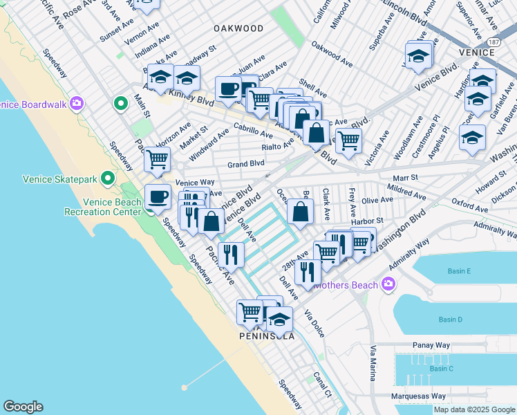 map of restaurants, bars, coffee shops, grocery stores, and more near 439 Carroll Canal in Los Angeles
