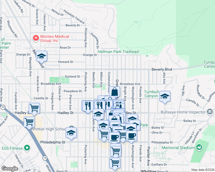 map of restaurants, bars, coffee shops, grocery stores, and more near 6207 Comstock Avenue in Whittier