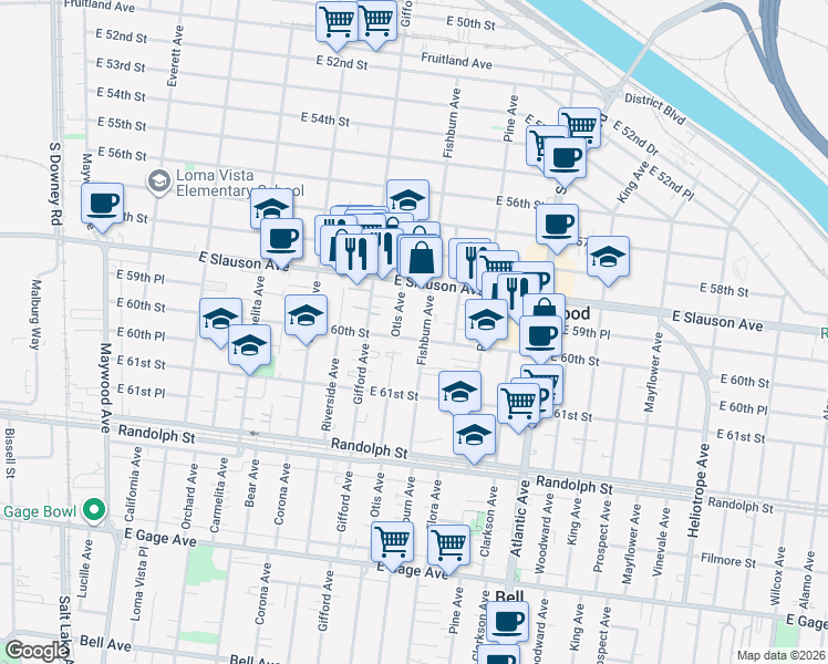 map of restaurants, bars, coffee shops, grocery stores, and more near 4221 East 60th Street in Huntington Park