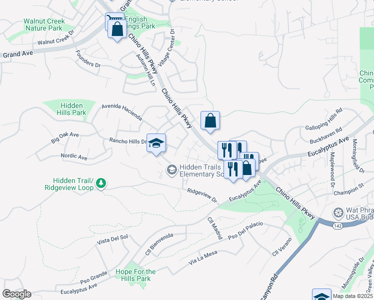 map of restaurants, bars, coffee shops, grocery stores, and more near 14726 Moon Crest Lane in Chino Hills