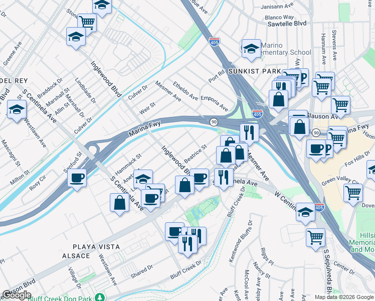 map of restaurants, bars, coffee shops, grocery stores, and more near 11930 Lucile Street in Culver City