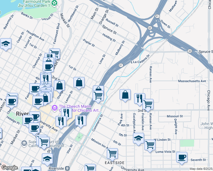 map of restaurants, bars, coffee shops, grocery stores, and more near 3159 1st Street in Riverside