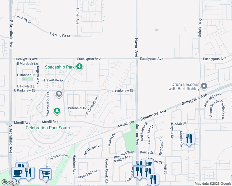 map of restaurants, bars, coffee shops, grocery stores, and more near 14724 Haven Avenue in Ontario