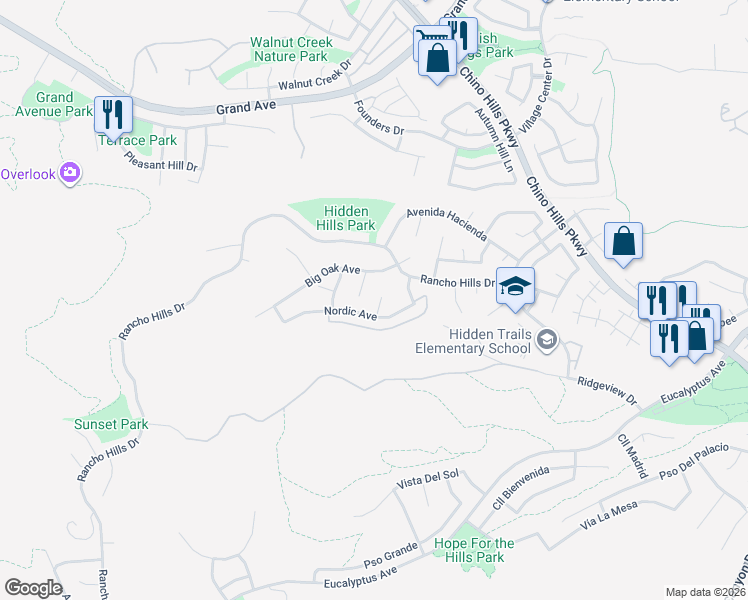 map of restaurants, bars, coffee shops, grocery stores, and more near 14729 Silver Spur Court in Chino Hills