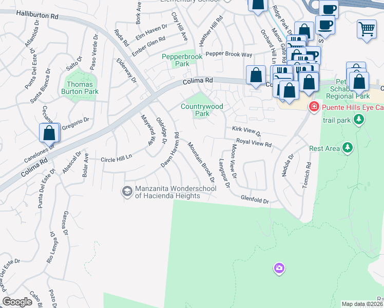 map of restaurants, bars, coffee shops, grocery stores, and more near 2381 Mountain Brook Drive in Hacienda Heights