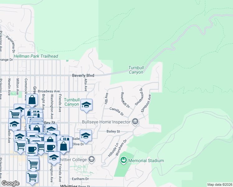 map of restaurants, bars, coffee shops, grocery stores, and more near 6266 Hillside Lane in Whittier