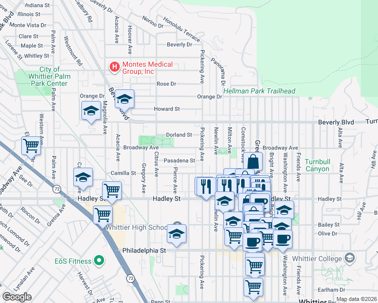 map of restaurants, bars, coffee shops, grocery stores, and more near in Whittier