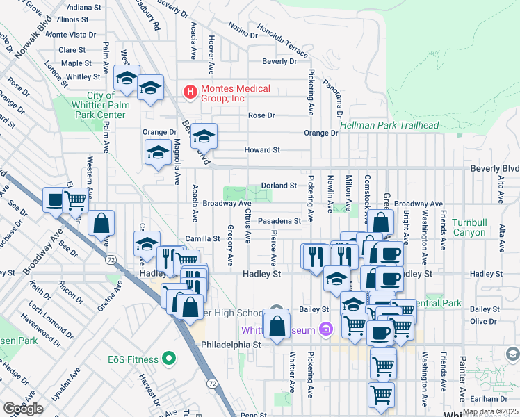 map of restaurants, bars, coffee shops, grocery stores, and more near 12309 Pasadena Street in Whittier