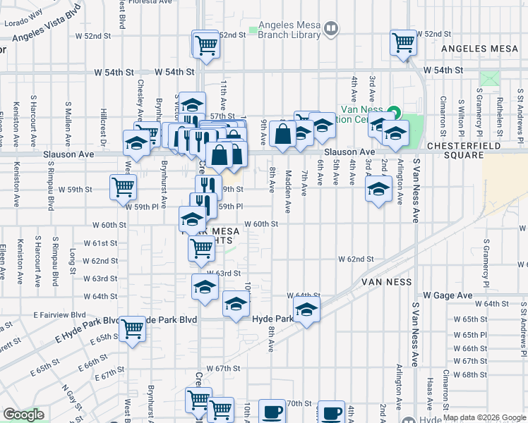 map of restaurants, bars, coffee shops, grocery stores, and more near 3131 West 60th Street in Los Angeles
