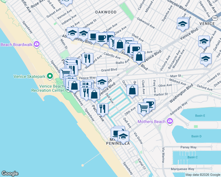 map of restaurants, bars, coffee shops, grocery stores, and more near in Los Angeles