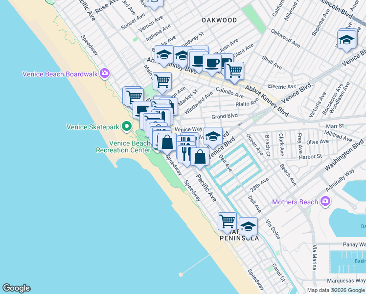 map of restaurants, bars, coffee shops, grocery stores, and more near in Los Angeles