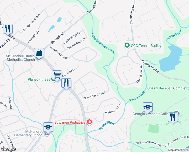 map of restaurants, bars, coffee shops, grocery stores, and more near 1620 Green Oak Circle Northwest in Lawrenceville
