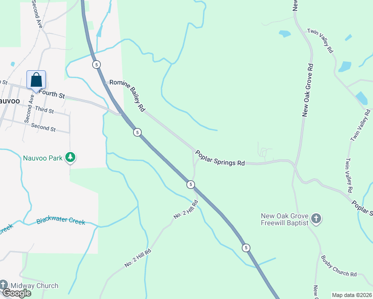 map of restaurants, bars, coffee shops, grocery stores, and more near 14920 Alabama 5 in Nauvoo