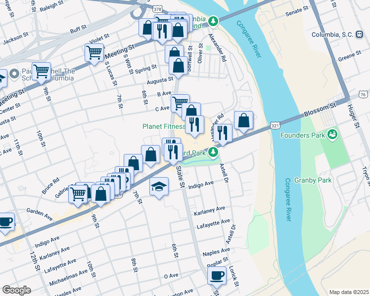 map of restaurants, bars, coffee shops, grocery stores, and more near 909 State Street in Cayce