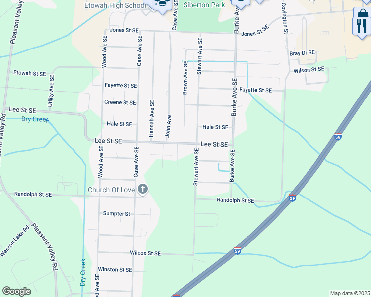 map of restaurants, bars, coffee shops, grocery stores, and more near 415 Lee Street Southeast in Attalla