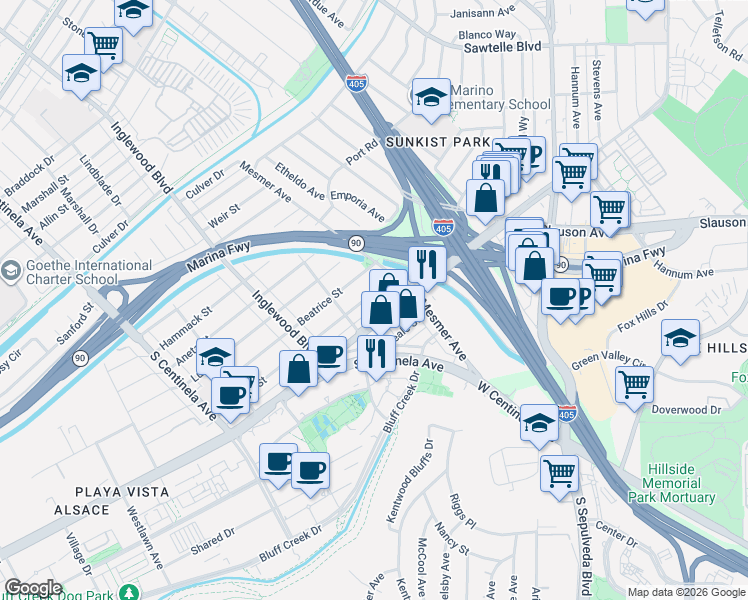 map of restaurants, bars, coffee shops, grocery stores, and more near 11838 Juniette Street in Los Angeles