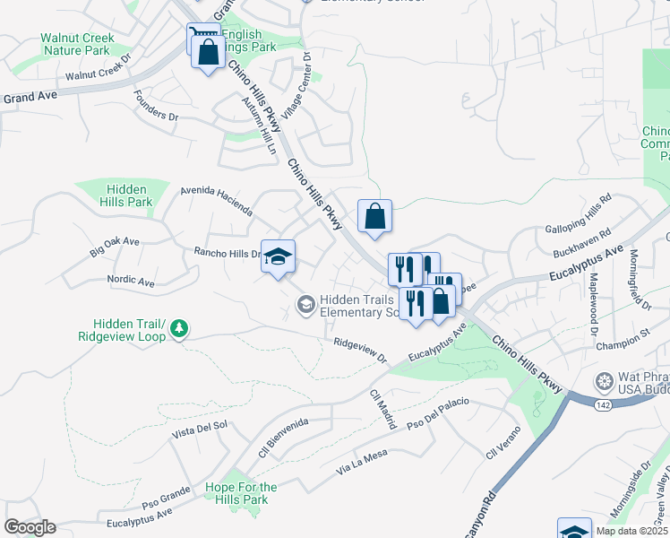 map of restaurants, bars, coffee shops, grocery stores, and more near 14726 Moon Crest Lane in Chino Hills