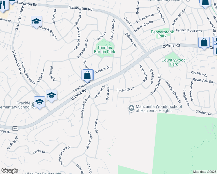 map of restaurants, bars, coffee shops, grocery stores, and more near 2500 Bolar Avenue in Hacienda Heights