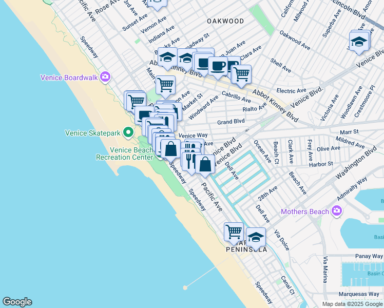 map of restaurants, bars, coffee shops, grocery stores, and more near 1917 Canal Street in Los Angeles