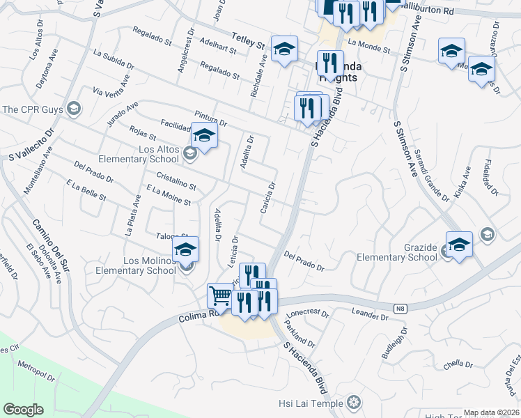 map of restaurants, bars, coffee shops, grocery stores, and more near 2821 Caricia Drive in Hacienda Heights