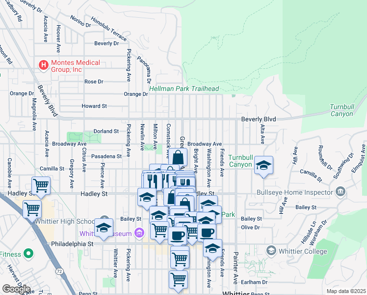 map of restaurants, bars, coffee shops, grocery stores, and more near 6206 Greenleaf Avenue in Whittier