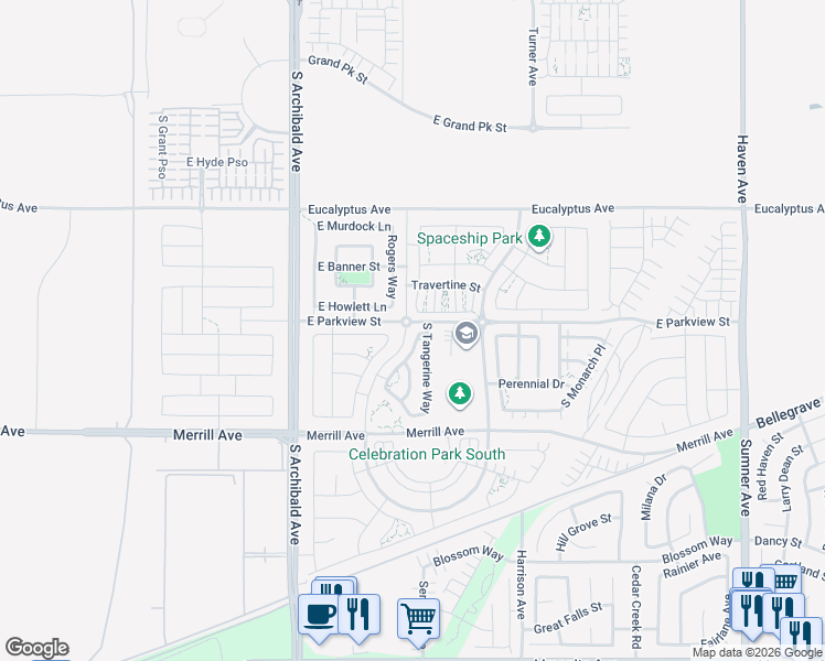 map of restaurants, bars, coffee shops, grocery stores, and more near 4806 Apricot Way in Ontario
