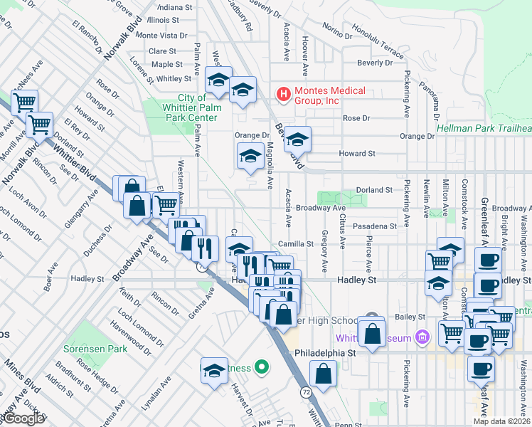 map of restaurants, bars, coffee shops, grocery stores, and more near 11758 Broadway in Whittier
