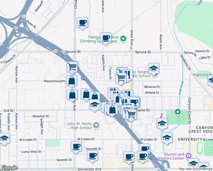 map of restaurants, bars, coffee shops, grocery stores, and more near 1560 Massachusetts Avenue in Riverside