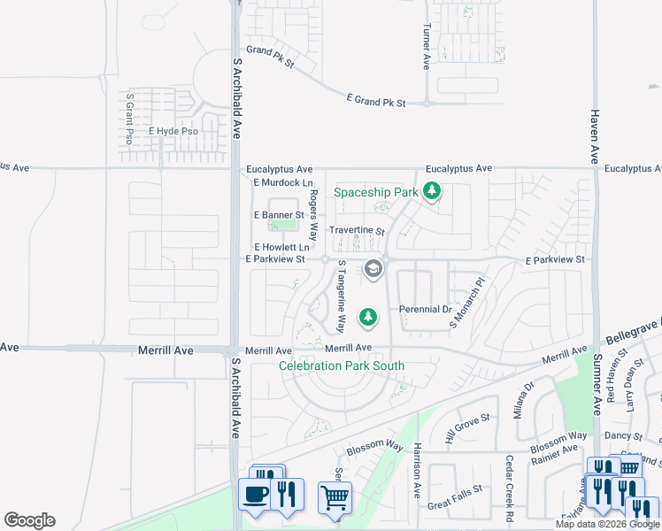 map of restaurants, bars, coffee shops, grocery stores, and more near 4806 Apricot Way in Ontario
