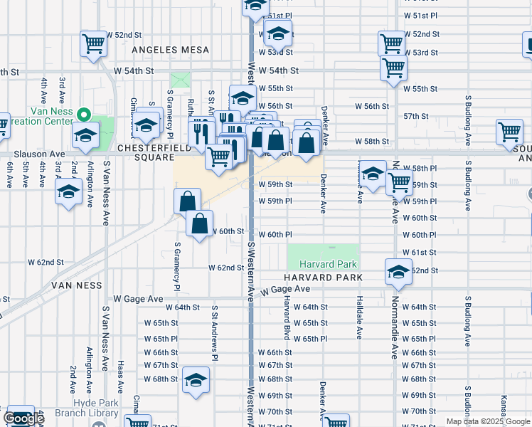 map of restaurants, bars, coffee shops, grocery stores, and more near 1739 West 60th Street in Los Angeles