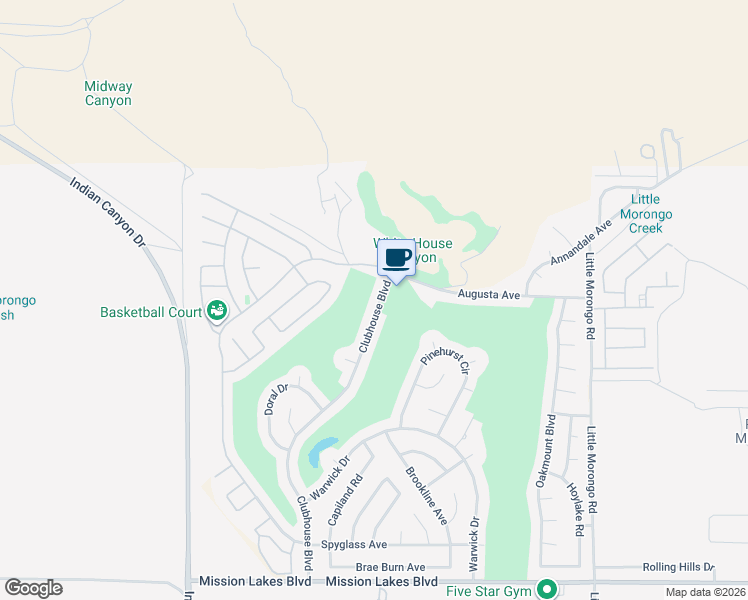 map of restaurants, bars, coffee shops, grocery stores, and more near 8567 Clubhouse Boulevard in Desert Hot Springs