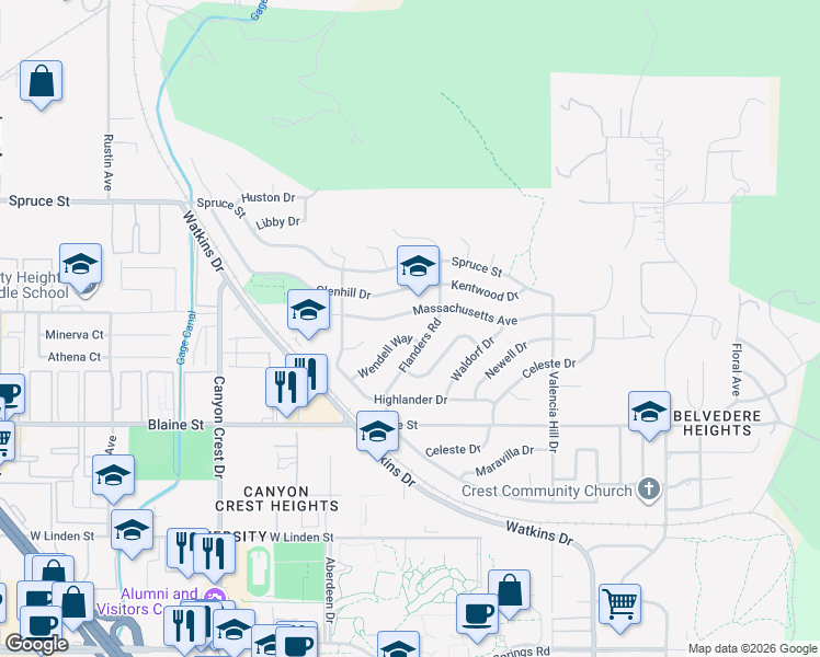 map of restaurants, bars, coffee shops, grocery stores, and more near 2998 Wendell Way in Riverside